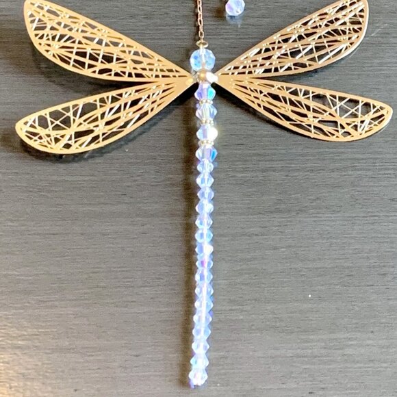 Gorgeous Dragonfly Suncatcher Window Hanging Gold Wings AB Clear Crystal Body - Picture 5 of 5